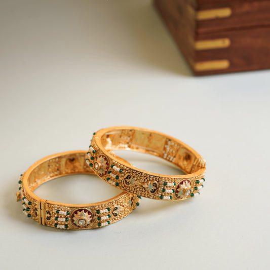 Gold plated green pearl rajwadi bangle kada