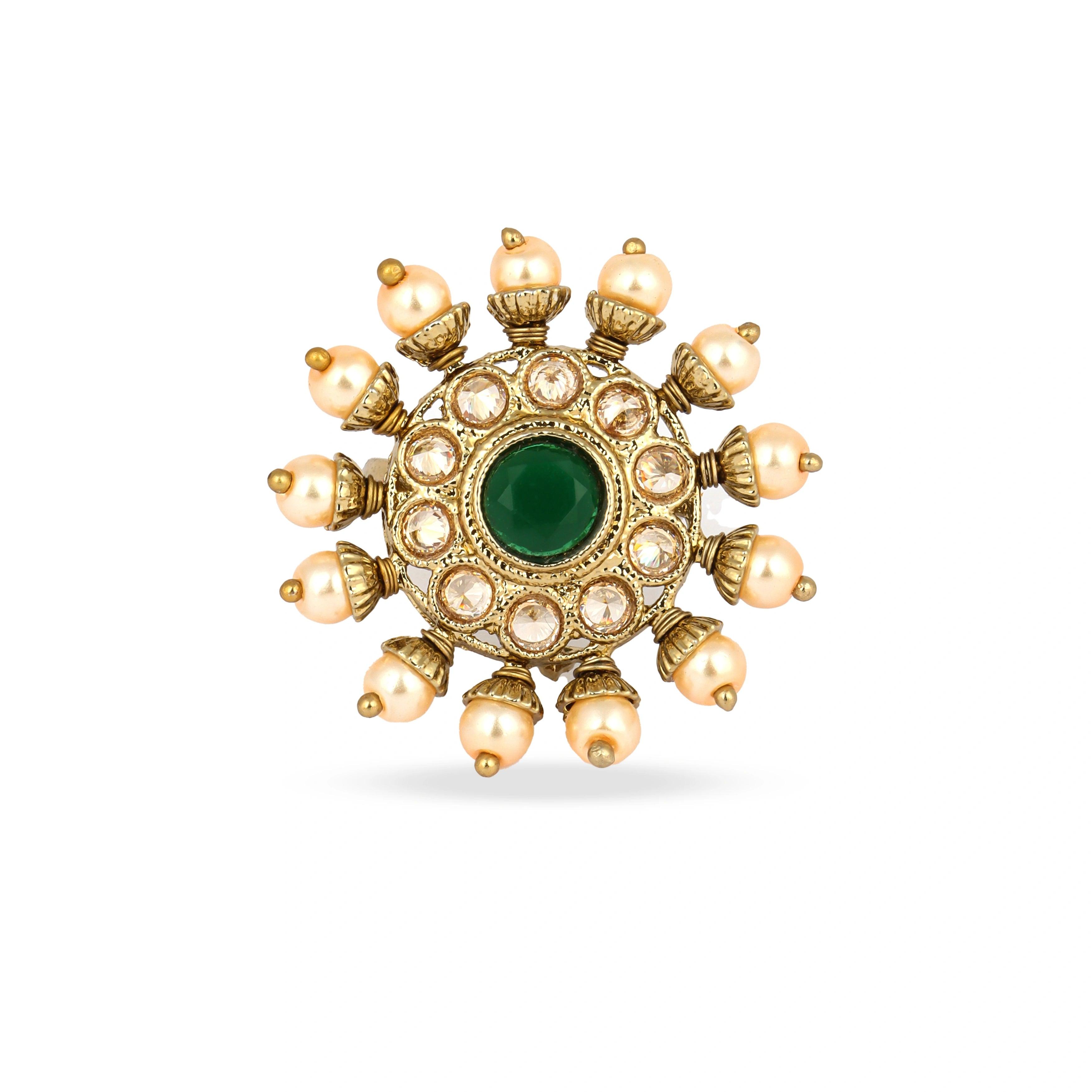 Kundan Green Stone with Pearl Ring - Rukhmani