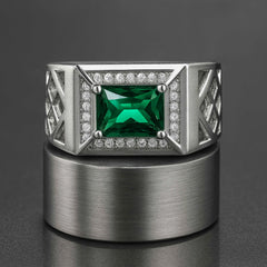 Luxurious Emerald-Cut Green Stone 925 Sterling Silver Ring