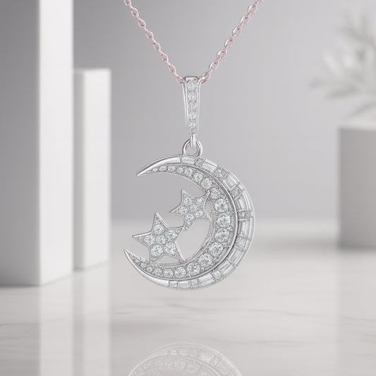 925 Silver Crescent Moon and Stars Pendant with Crystal Detailing