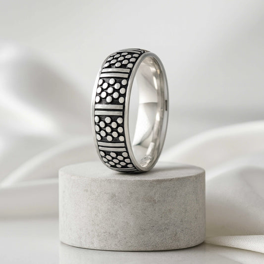 925 Sterling Silver Rhodium Plated Geometric Dotted Band Ring for Men