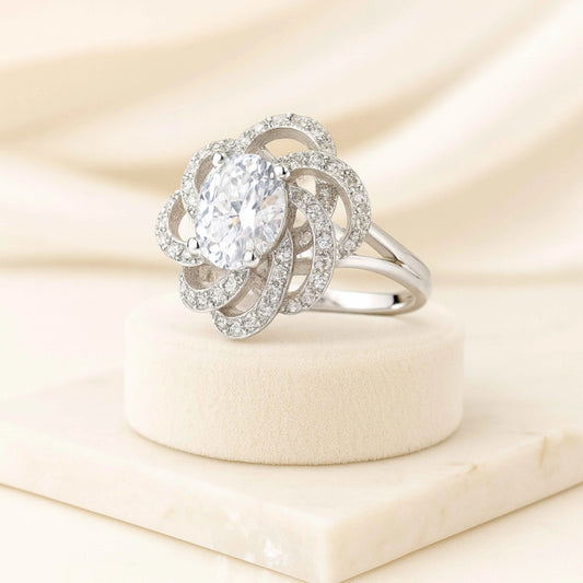 925 Sterling Silver Round-Cut Floral Halo Engagement Ring