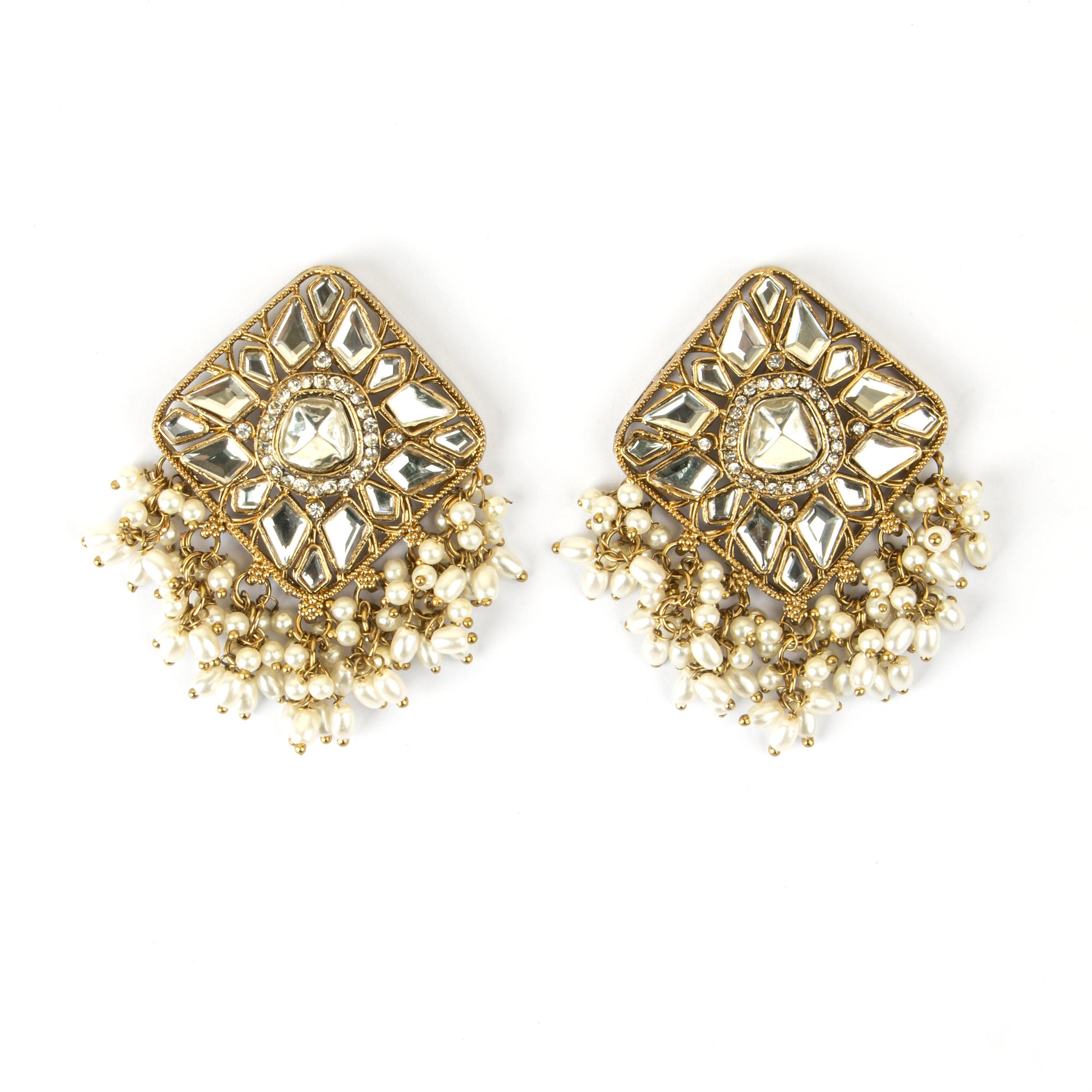 Square Polki Jhumkas with Hanging White Beads - Rukhmani
