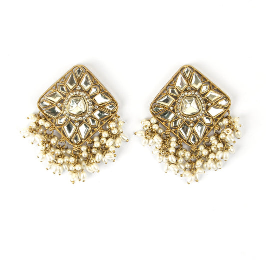 Square Polki Jhumkas with Hanging White Beads - Rukhmani