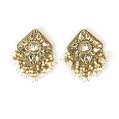 Square Polki Jhumkas with Hanging White Beads - Rukhmani
