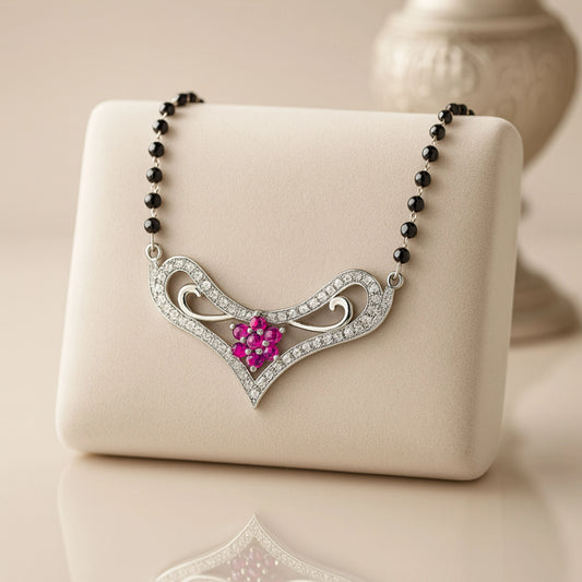 925 Sterling Silver Rhodium Plated Pink Cubic Zirconia Floral Design Mangalsutra for Women
