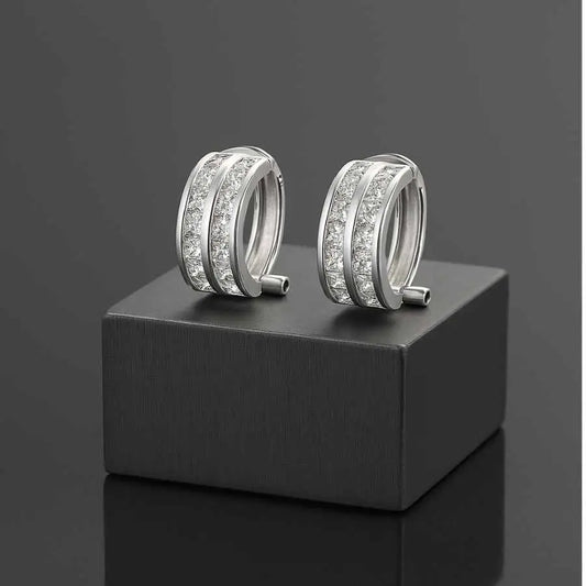 925 Sterling Silver Double Row Hoop Earrings|Rhodium Plated with Cubic Zirconia