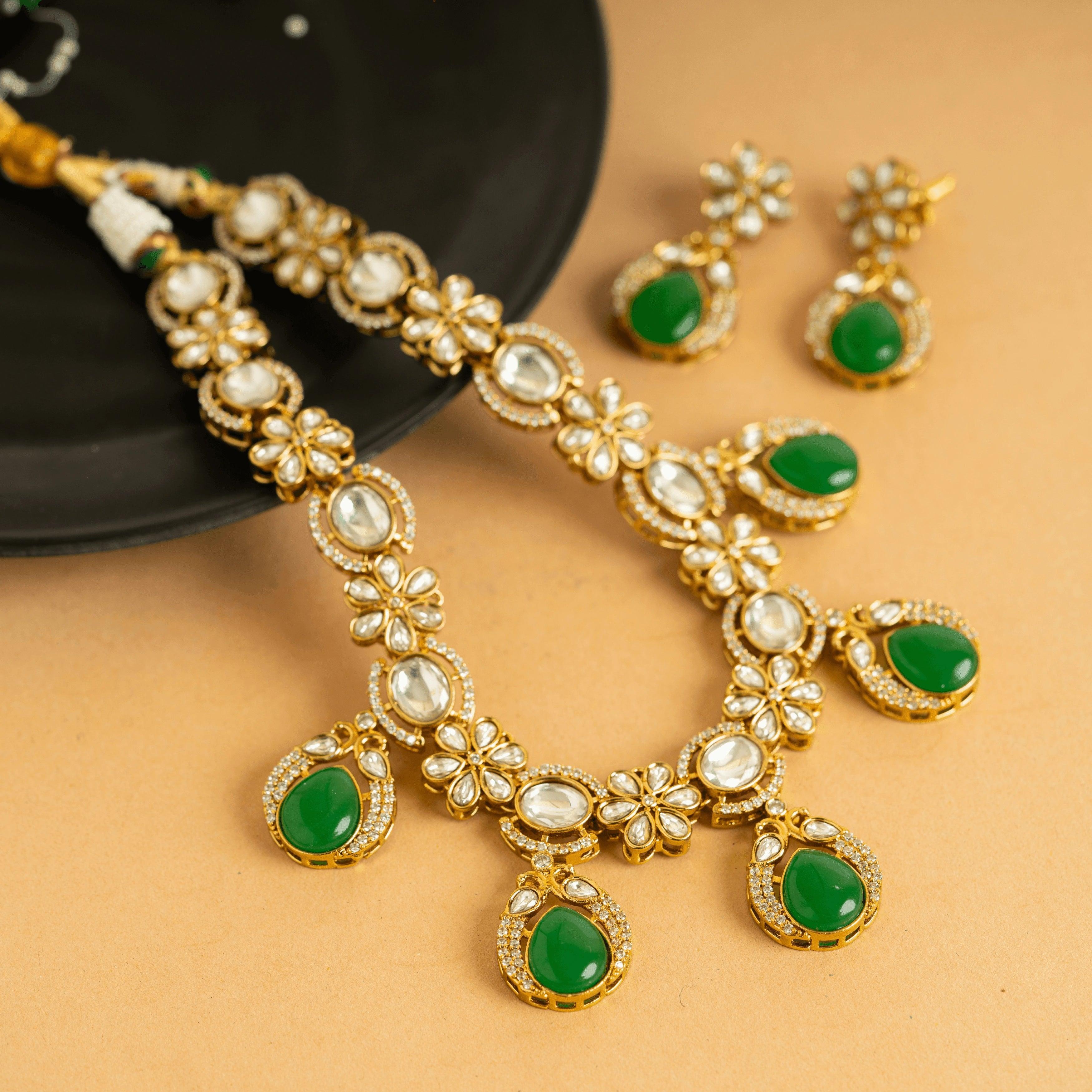 Authentic Jaipuri Green Necklace with Earrings - Rukhmani