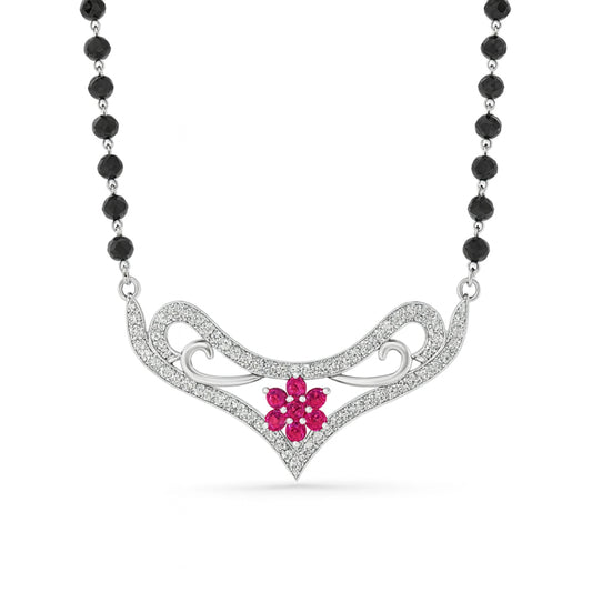 925 Sterling Silver Rhodium Plated Pink Cubic Zirconia Floral Design Mangalsutra for Women