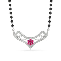 925 Sterling Silver Rhodium Plated Pink Cubic Zirconia Floral Design Mangalsutra for Women