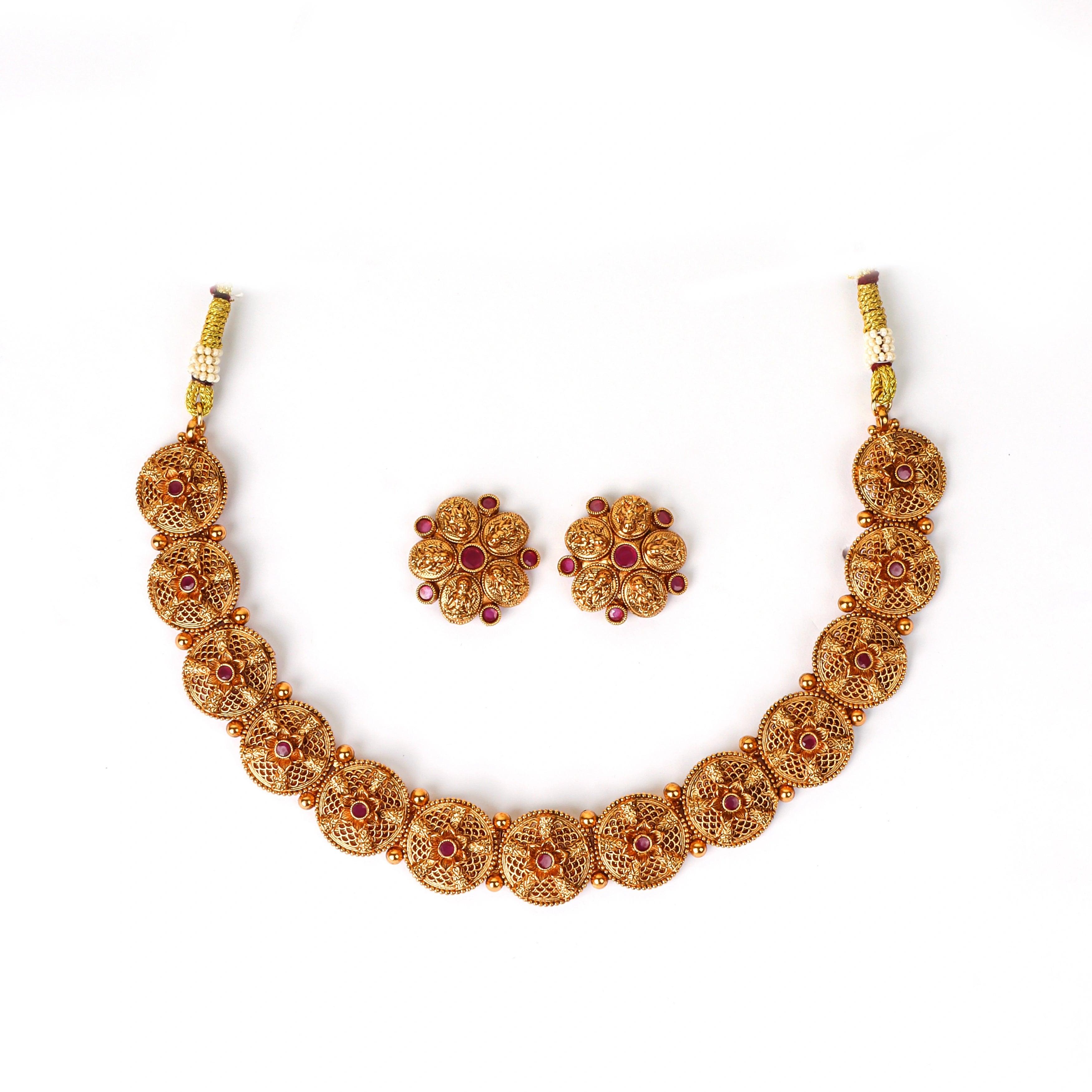 Royal South Indian Red Stone Necklace with Earrings - Rukhmani