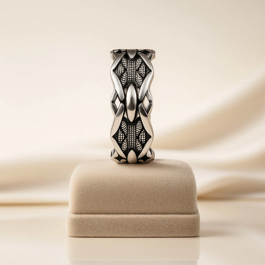 925 Sterling Silver Men’s Designer Statement Ring | Rhodium Plated Tribal Inspired Band