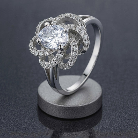 925 Sterling Silver Round-Cut Floral Halo Engagement Ring