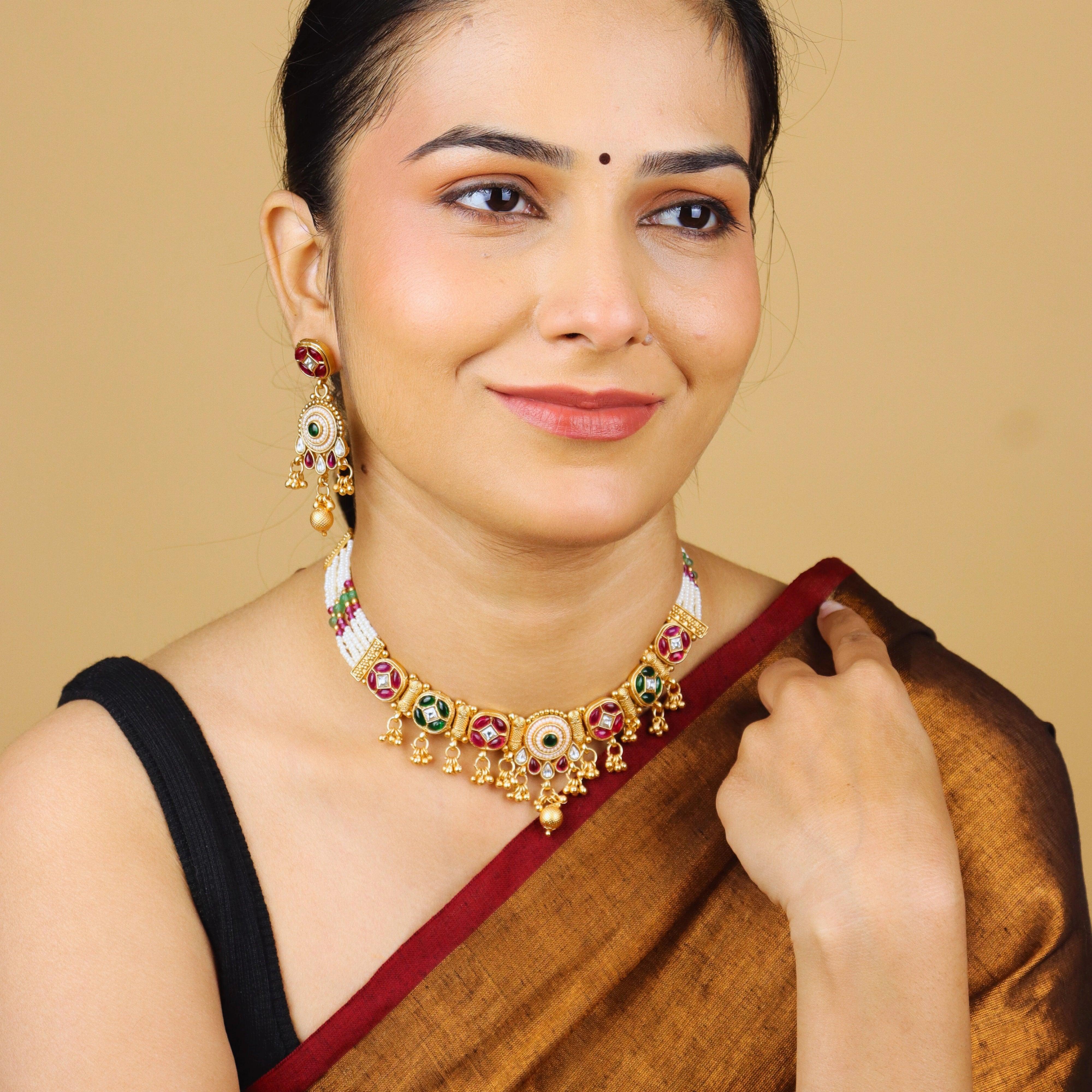 Rajwadi Moti Necklace With Bids and Earrings - Rukhmani