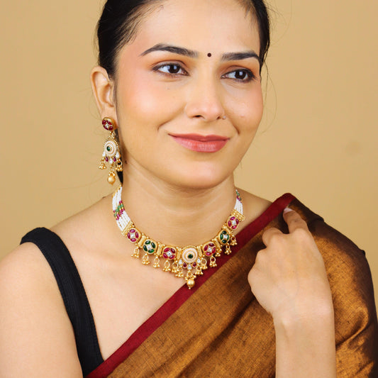 Rajwadi Moti Necklace With Bids and Earrings - Rukhmani