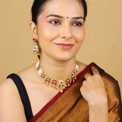 Rajwadi Moti Necklace With Bids and Earrings - Rukhmani