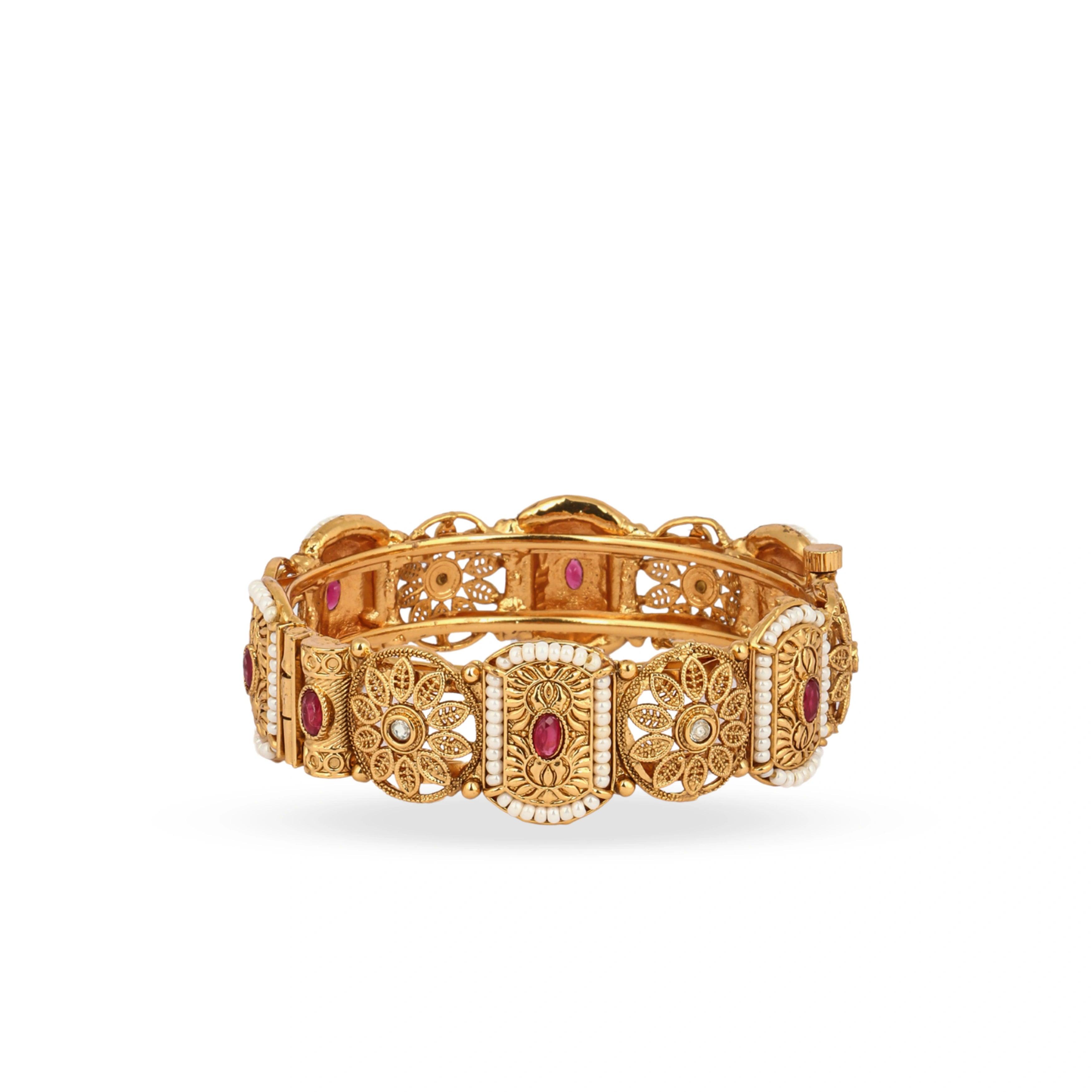 Rukhmani Heritage Red Stone Pearl Bangle - Rukhmani