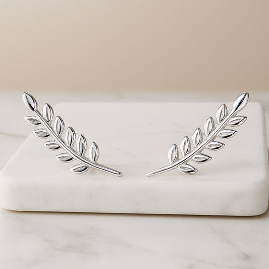 925 Sterling Silver Rhodium Plated Leaf Design Ear Cuffs