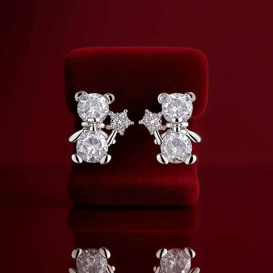 925 Sterling Silver Teddy Bear Stud Earrings|Rhodium Plated with Cubic Zirconia