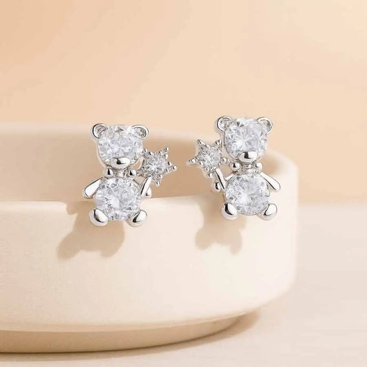 925 Sterling Silver Teddy Bear Stud Earrings|Rhodium Plated with Cubic Zirconia