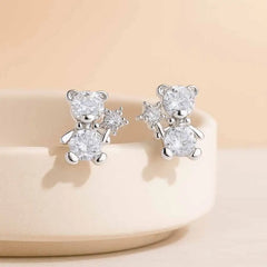 925 Sterling Silver Teddy Bear Stud Earrings|Rhodium Plated with Cubic Zirconia