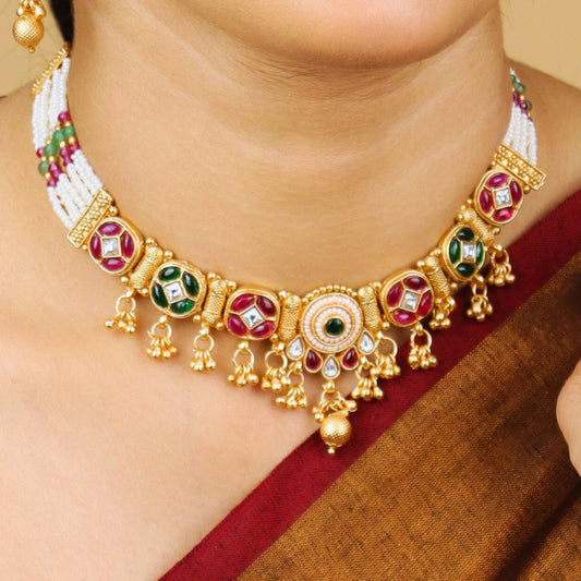 Rajwadi Moti Necklace With Bids and Earrings - Rukhmani