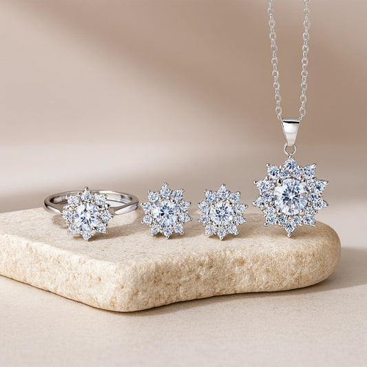 925 Sterling Silver Oval Spark Cluster Jewellery Set