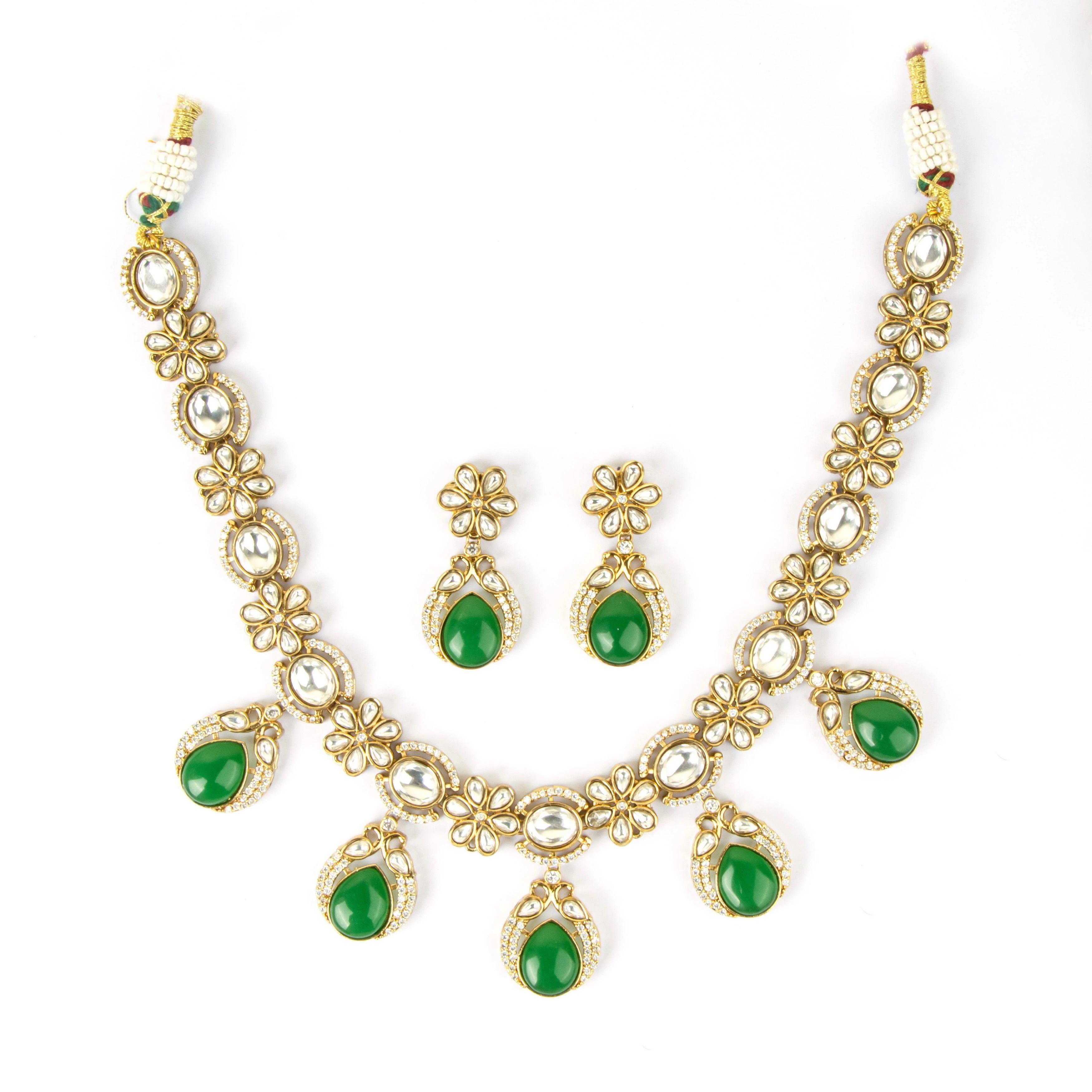 Authentic Jaipuri Green Necklace with Earrings - Rukhmani