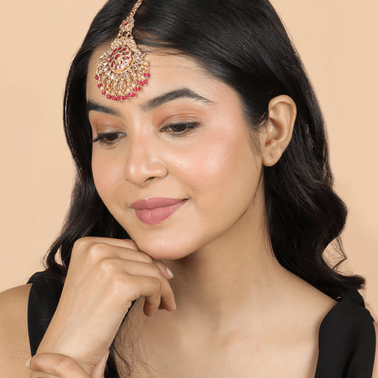Trending Beautiful Design Finest Red Kundan Gold Plated Mangtika