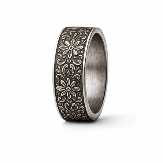 925 Sterling Silver Men’s Floral Band Ring | Rhodium Plated Vintage Flower Design