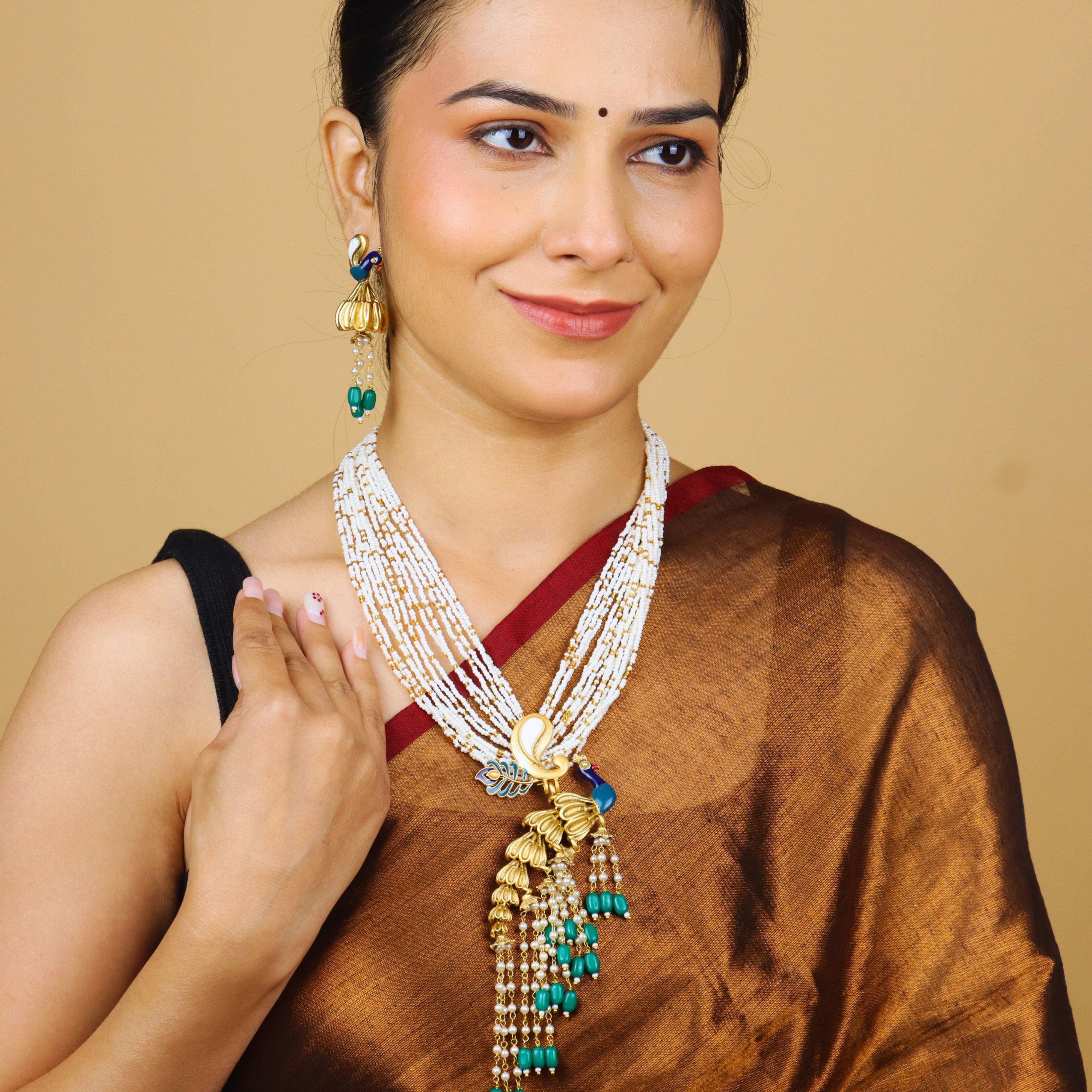 Graceful Peacock Necklace With Earrings - Rukhmani