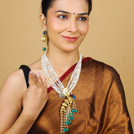 Graceful Peacock Necklace With Earrings - Rukhmani