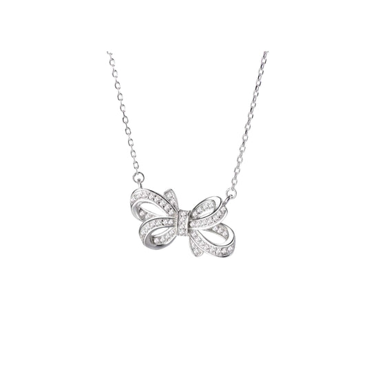925 Sterling Silver Rhodium Plated Bow Necklace with Cubic Zirconia