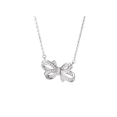 925 Sterling Silver Rhodium Plated Bow Necklace with Cubic Zirconia