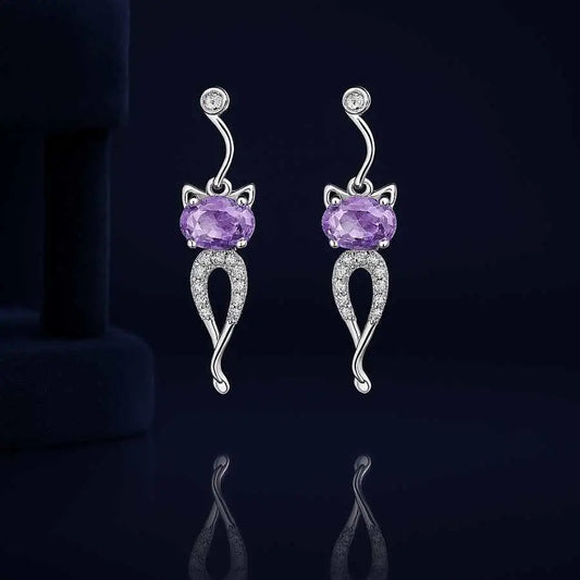 925 Sterling Silver Cat Drop Earrings|Rhodium Plated with Purple and Cubic Zirconia Stones