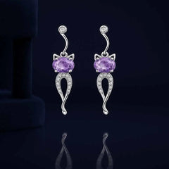 925 Sterling Silver Cat Drop Earrings|Rhodium Plated with Purple and Cubic Zirconia Stones
