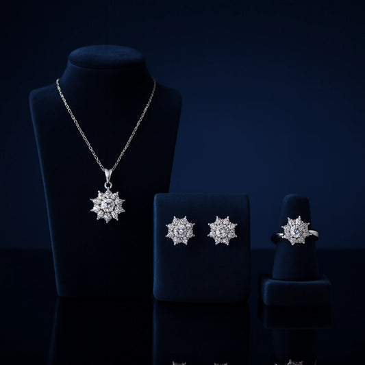 925 Sterling Silver Oval Spark Cluster Jewellery Set