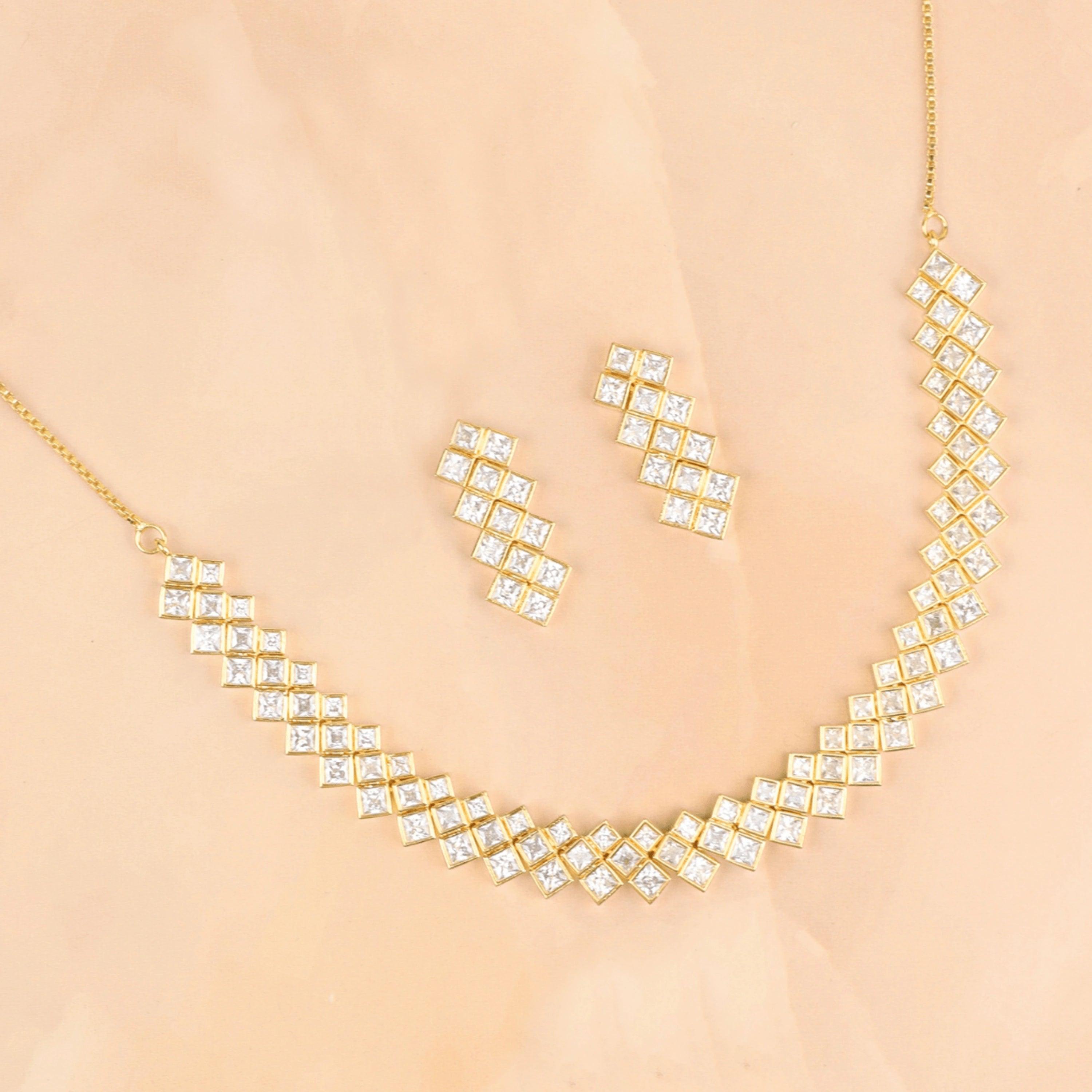 Modern Flow Diamond Gold Plated Necklace with Earrings - Rukhmani