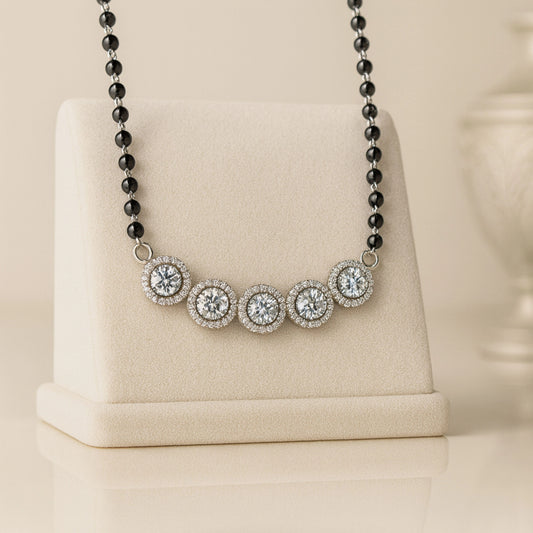 925 Sterling Silver Rhodium Plated Cubic Zirconia Round Pendant Mangalsutra for Women