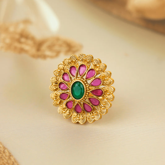 Gold Plated Green Stone Flower Rajwadi Rings