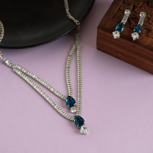 Fancy Double Layer Silver Plated Blue And Clear Diamond Necklace Set With Earrings