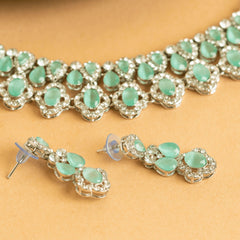 Silver Plated American Diamond Beautiful Design Necklace Set with Earrings and Bindi - Rukhmani