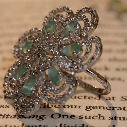 Traditional Silver Plated Teal Sapphire with Blue Diamonds Ring