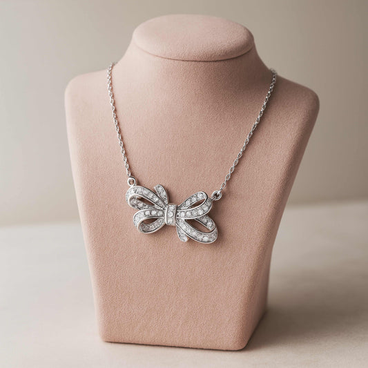 925 Sterling Silver Rhodium Plated Bow Necklace with Cubic Zirconia