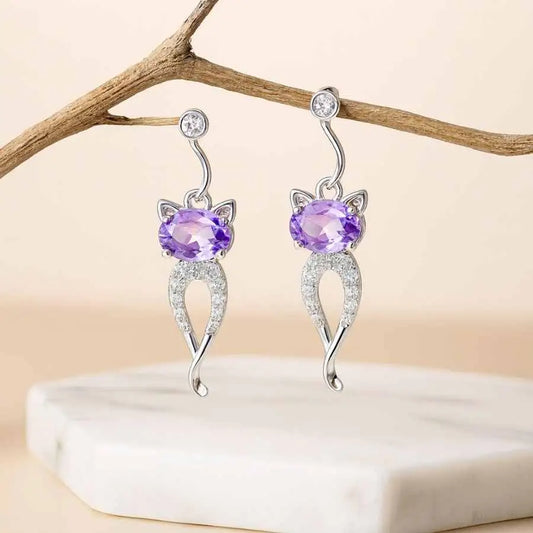 925 Sterling Silver Cat Drop Earrings|Rhodium Plated with Purple and Cubic Zirconia Stones