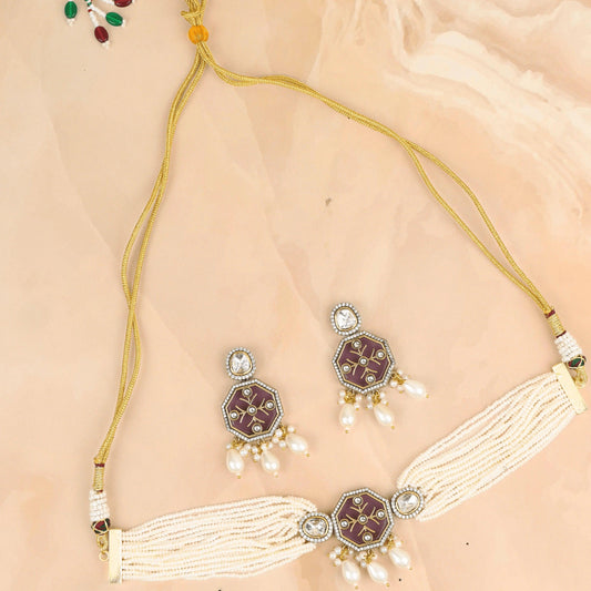 Laal Kundan Pearl Choker with Earrings - Rukhmani