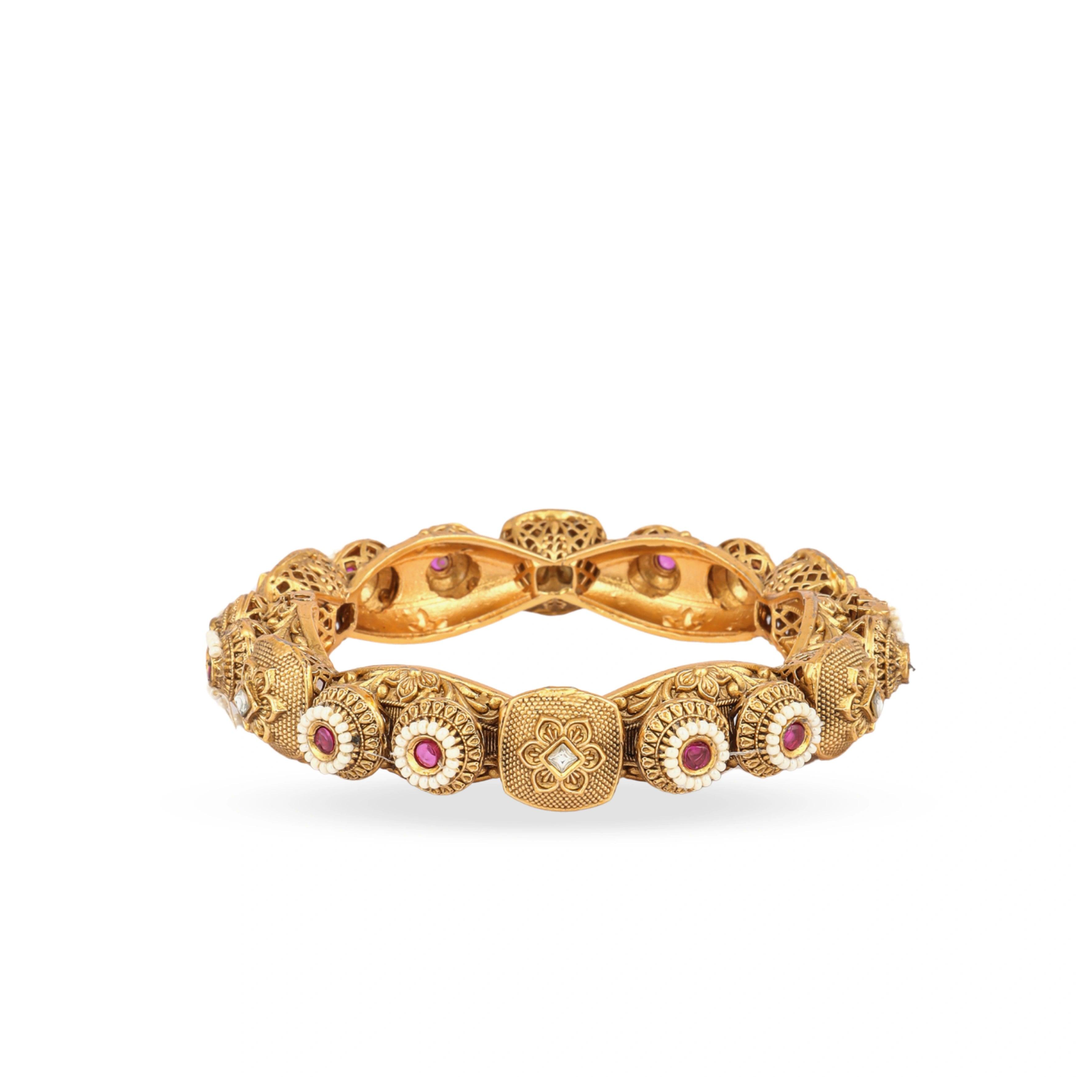 Fancy Design Rajwadi Rang Red Stone Gold Plated Rajwadi Bangles - Rukhmani