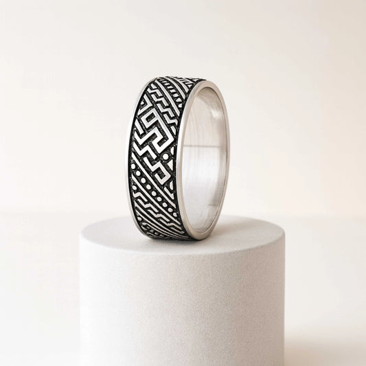 925 Sterling Silver Rhodium Plated Geometric Pattern Band Ring for Men