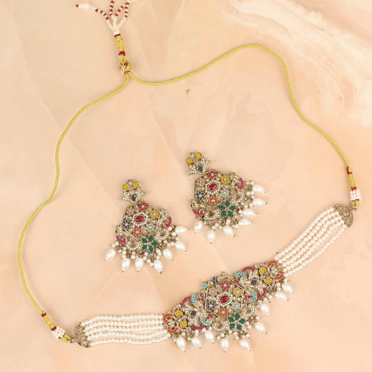 Multicolored Stone Pearl Choker Set with Earrings - Rukhmani