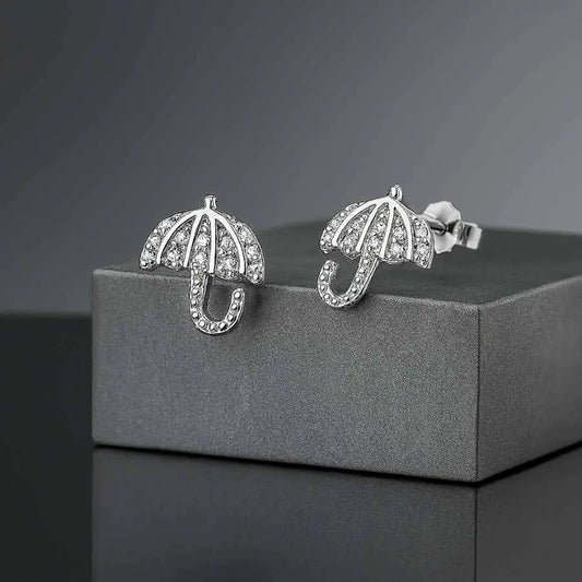 925 Sterling Silver Umbrella Stud Earrings|Rhodium Plated with Cubic Zirconia
